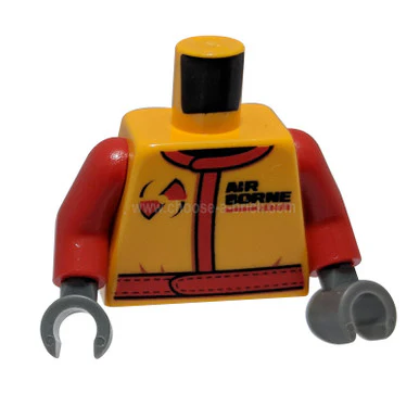 Bright Light Orange Torso Race Suit with Red Belt with Stitching and 'AIRBORNE spoilers' Pattern - Red Arms - Dark Bluish Gray Hands - Image 2