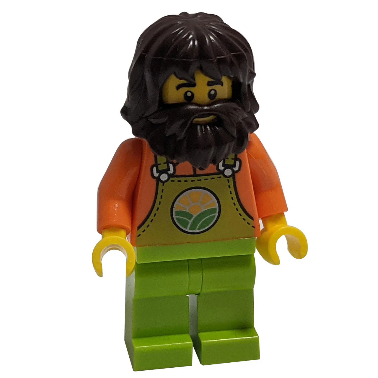 Farmer in lime overalls with Dark Brown Shaggy Hair and Beard