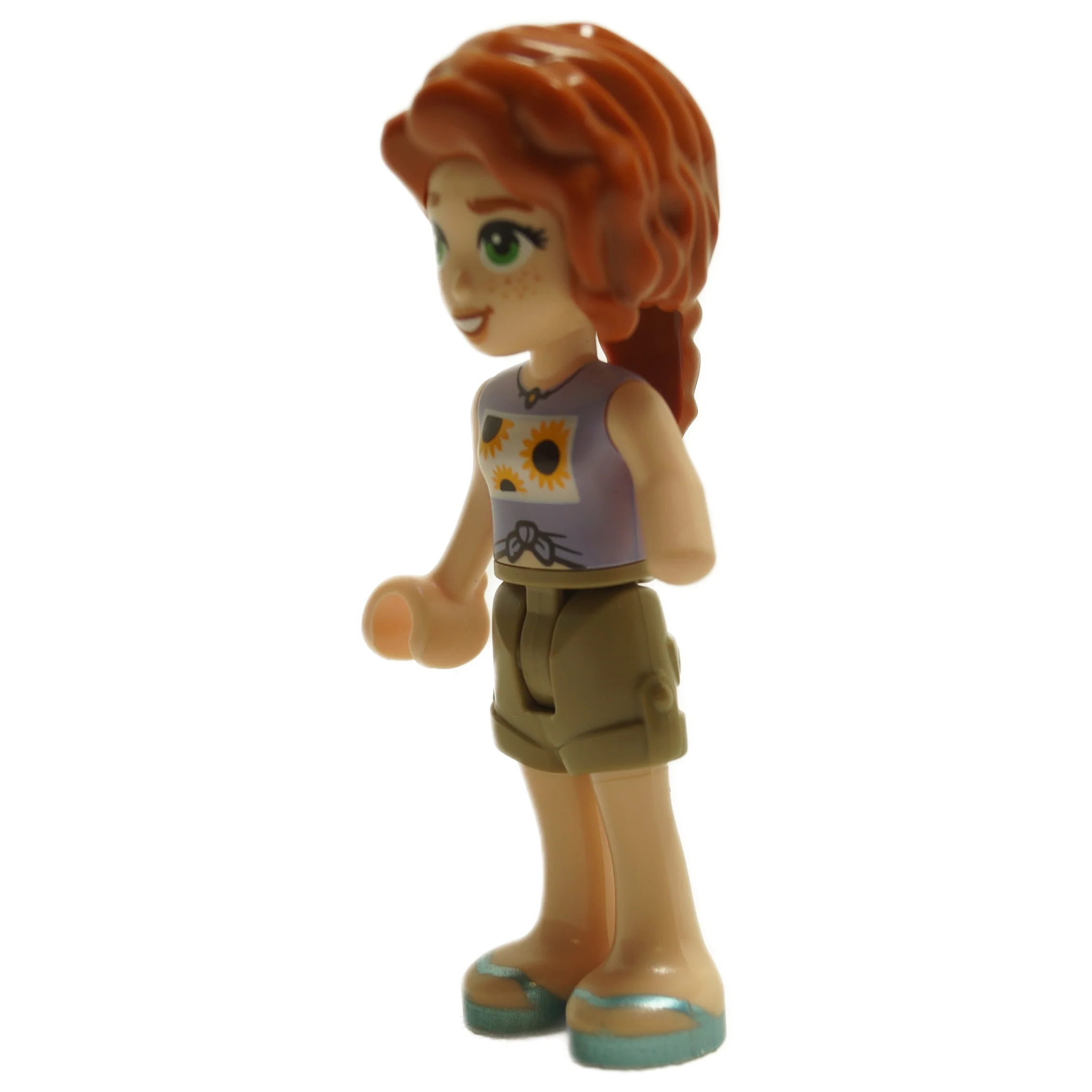 Friends Autumn - Lavender Vest with Sunflowers, Dark Tan Shorts, Metallic Light Blue Sandals - Image 3
