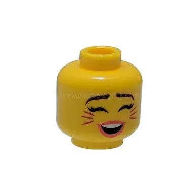 Minifigure, Head Dual Sided Female, Reddish Brown Eyebrows, Magenta Cat Whiskers, Coral Lips, Smiling / Singing with Closed Eyes Pattern - Hollow Stud - Image 3