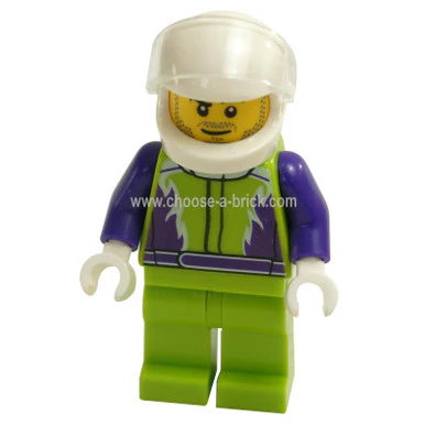 Monster Truck Driver, Lime Legs and Jacket with Purple Flames and Arms, White Helmet - Image 2
