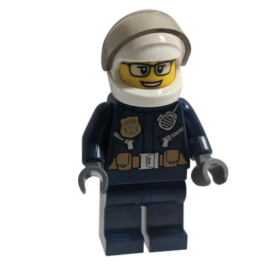 Police - City Motorcyclist Female, Leather Jacket with Gold Badge and Utility Belt, White Helmet, Trans-Black Visor, Glasses, and Open Mouth Smile - Image 2