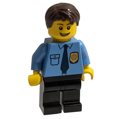 Police - City Shirt with Dark Blue Tie and Gold Badge, Black Legs, Dark Brown Short Tousled Hair - Image 2