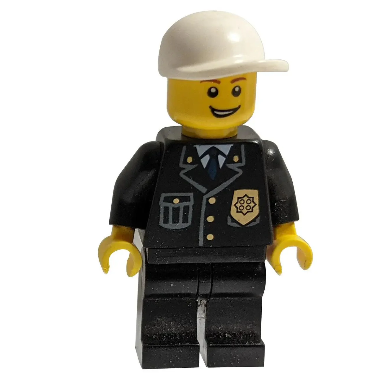 Police - City Suit with Blue Tie and Badge, Black Legs, White Short Bill Cap, Open Grin