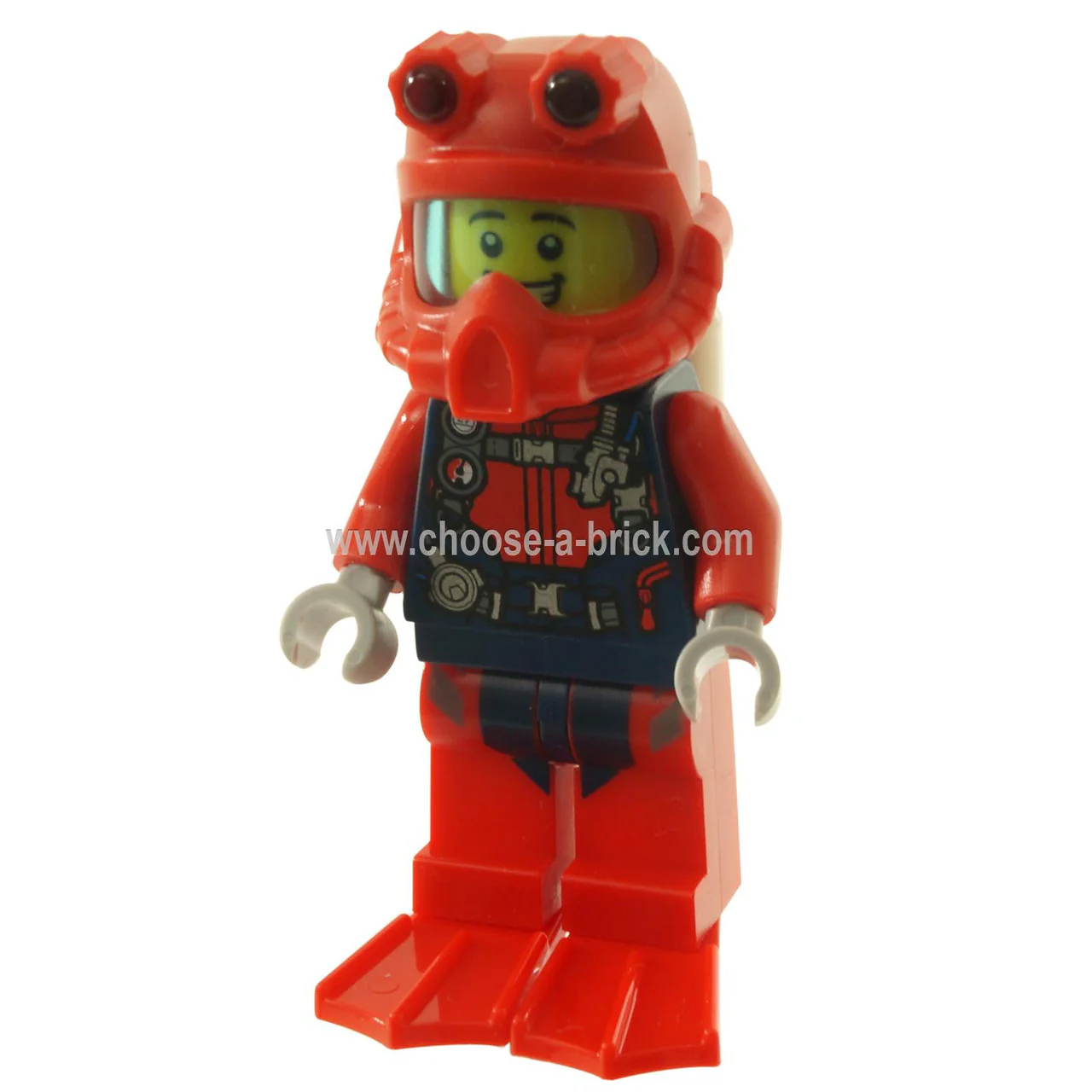 Scuba Diver - Male, Open Mouth Smile, Red Helmet, White Airtanks, Red Flippers