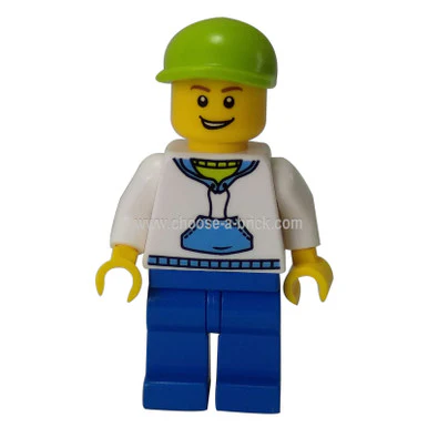 White Hoodie with Blue Pockets, Blue Legs, Lime Short Bill Cap - Image 3