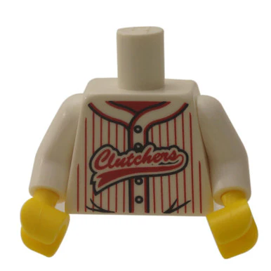 White Torso Baseball Jersey with Vertical Red Stripes, Buttons and 'Clutchers' Logo Pattern - White Arms - Yellow Hands - Image 3