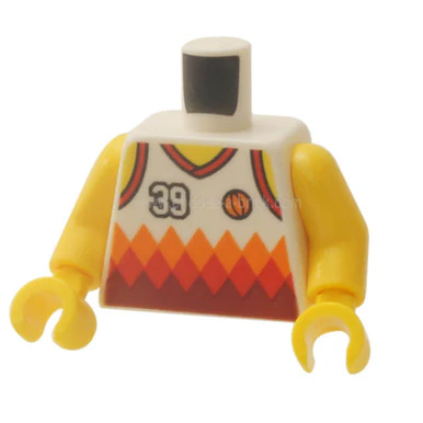 White Torso Sports Shirt with Number 39, Orange Basketball, Orange and Red Diamonds and Back Print Pattern - Yellow Arms - Yellow Hands - Image 3